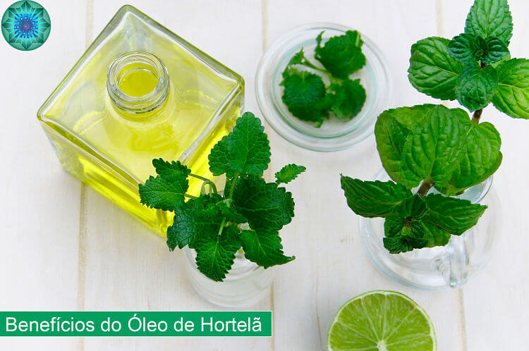 óleo de hortelã com folhas de hortelã 