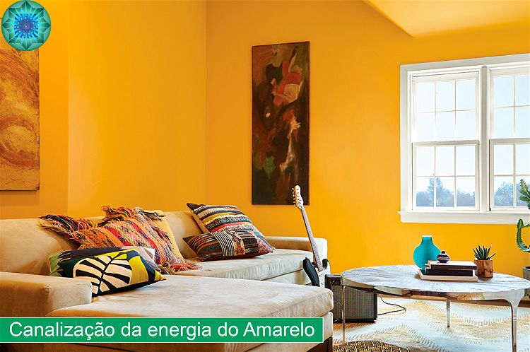 Sala de estar com parede amarela